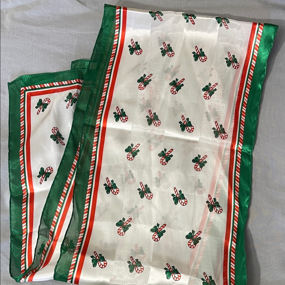 Festive Green Red and White Scarf with Holiday Motif Candy Canes Ribbons